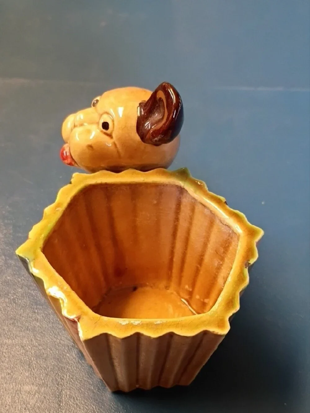 Yellow Ceramic Dog Treat Holder with Multicolor Striped Dish